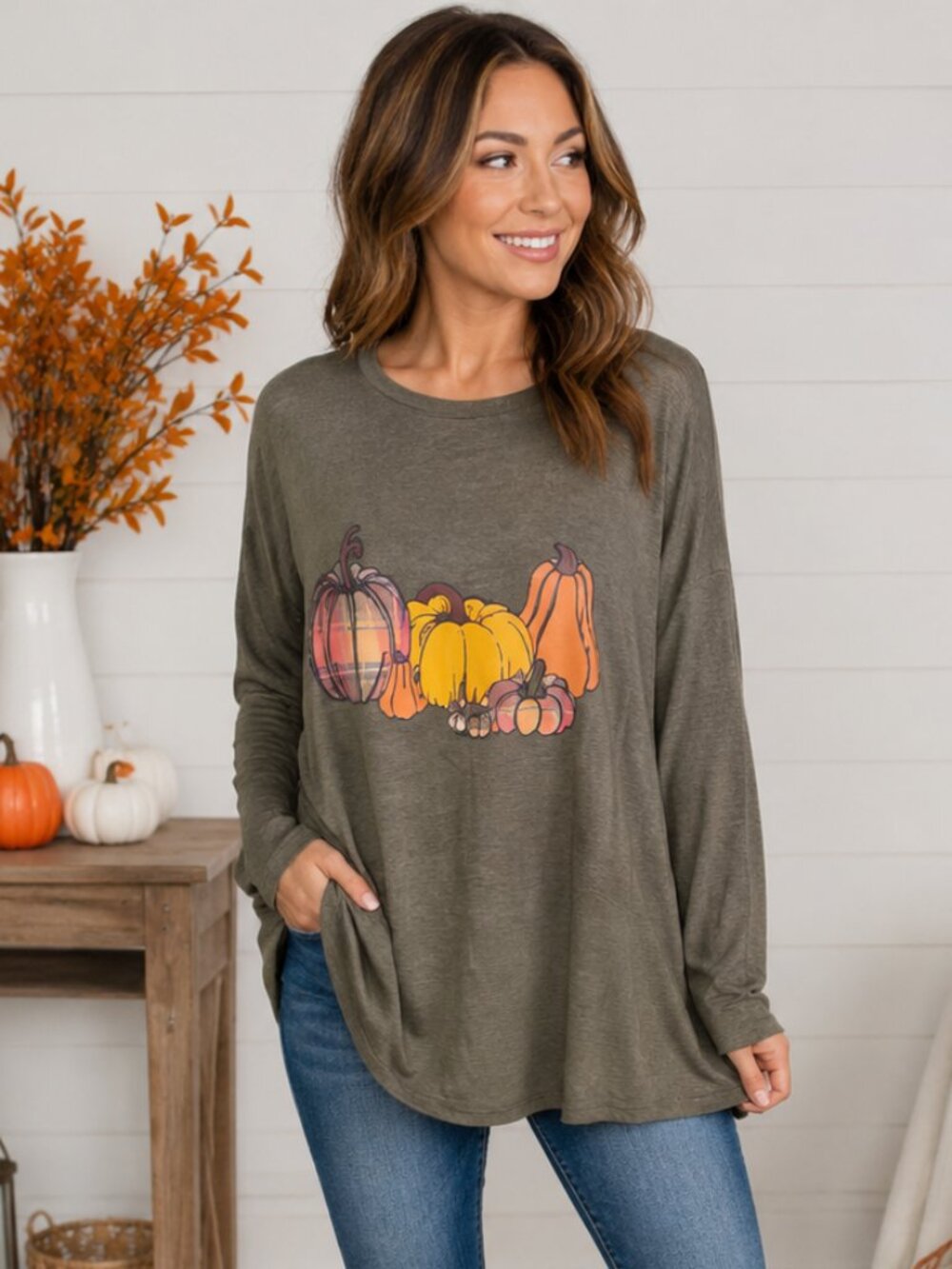 Sonoma Olive Green Pumpkin Graphic Tee Handmade Custom Long Sleeve XL